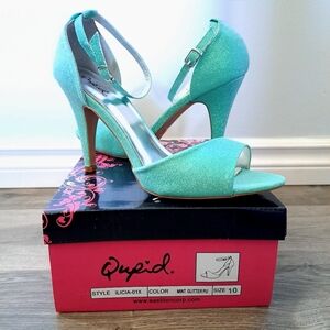 Qupid | Mint glitter ~ Pastel mint glitter open toe high heel shoe